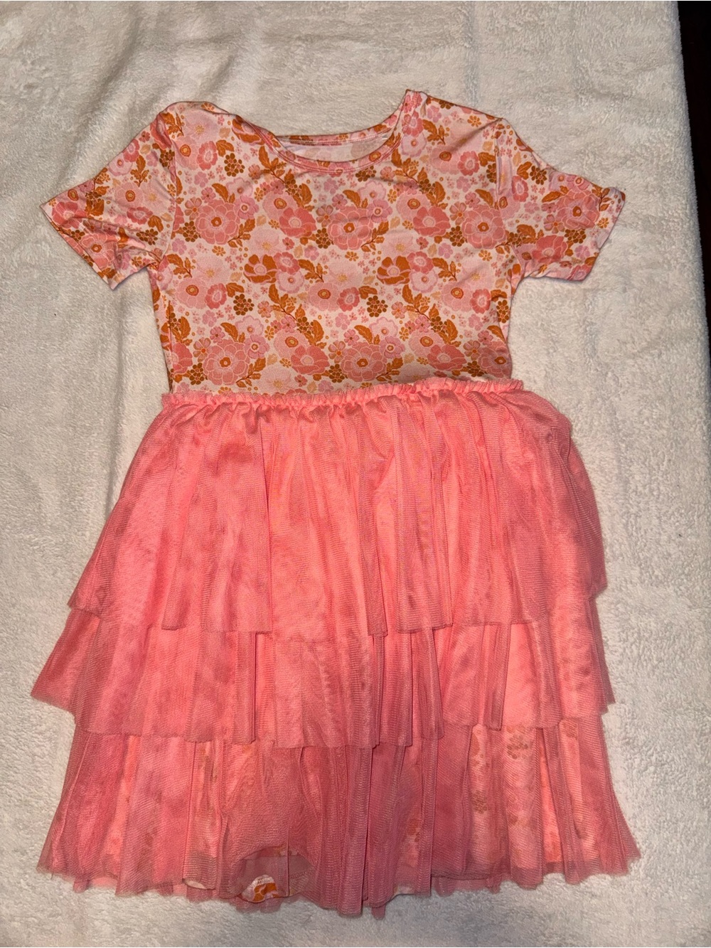 Girls Coral Pink Floral Top with Coral Tiered Tulle Skirt Dress